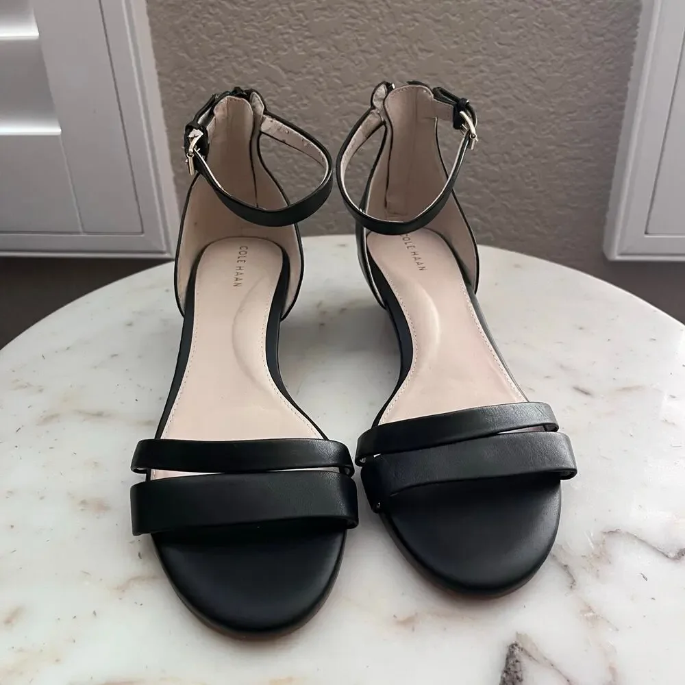 Cole Hahn Black Leather Wedge Heel Sandal Crisscross Straps Low Heel Wood 8.5